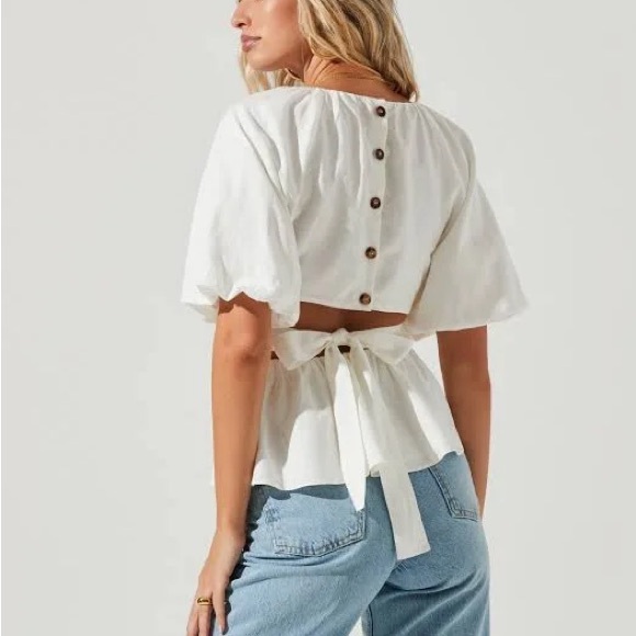 ASTR the LABEL Women’s Vendetti Cutout Puff Sleeve Ivory Linen Top Size Large - Picture 4 of 8